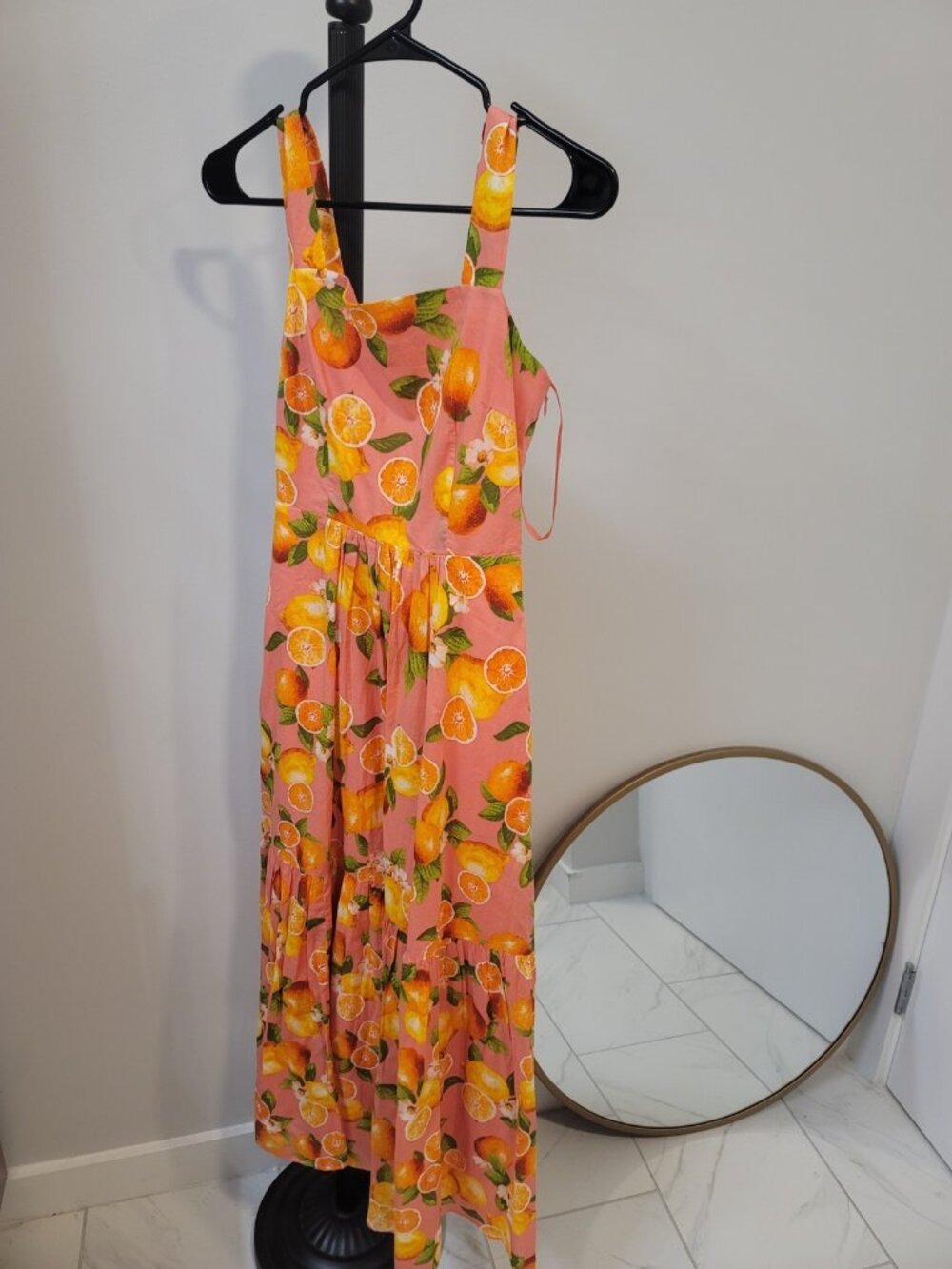 Talbots ~ Pink Cotton Lemons Tiered Flare Smocked Maxi Party Dress 2P